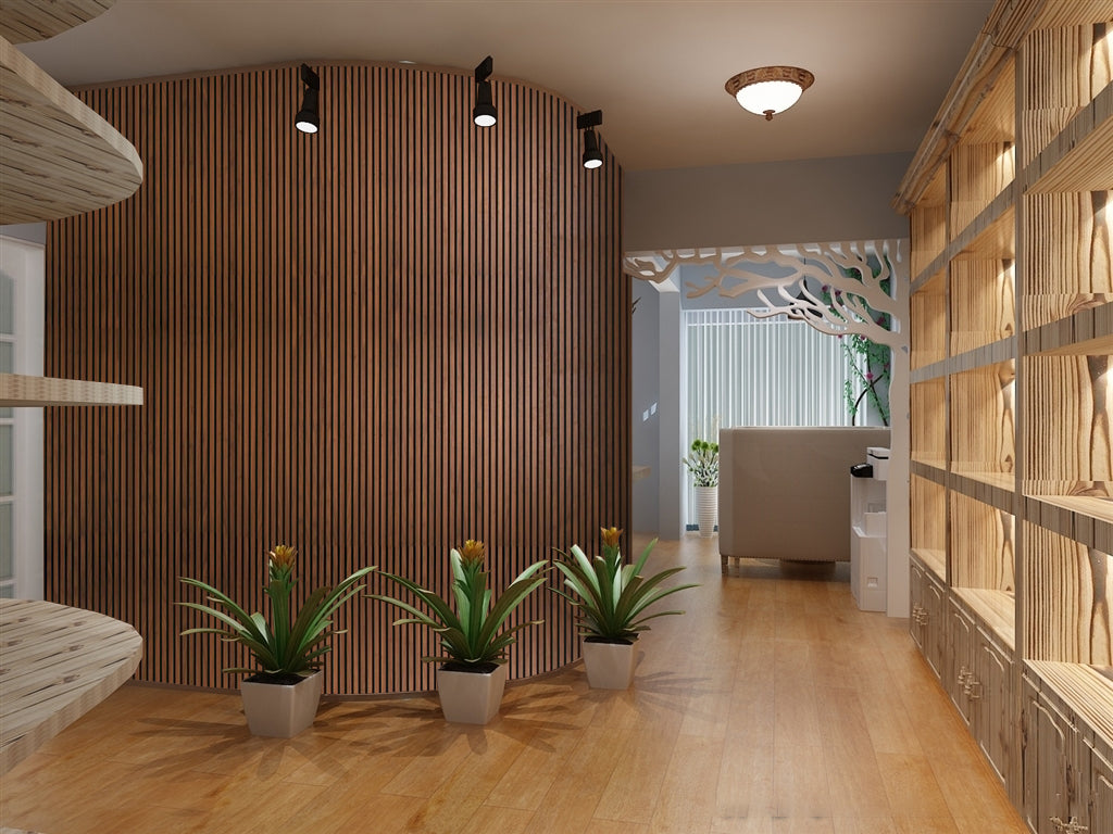 Wood panel wall slats installed in a modern living room